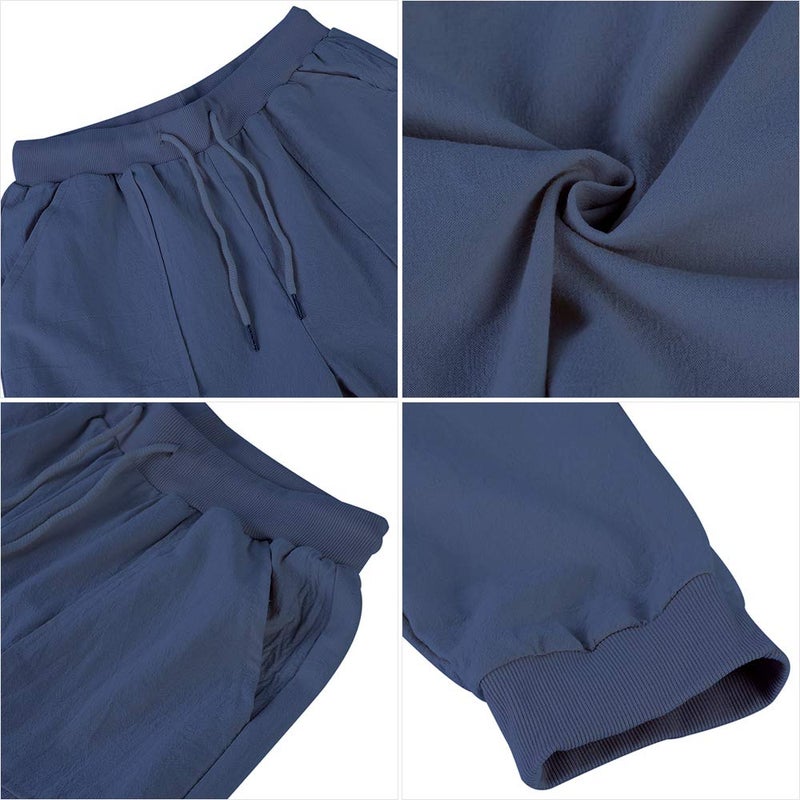 Puimentiua Womens Tapered Pants Cotton Linen Drawstring Back Elastic Waist Pants Casual Trousers with Pockets Navy - Image 2